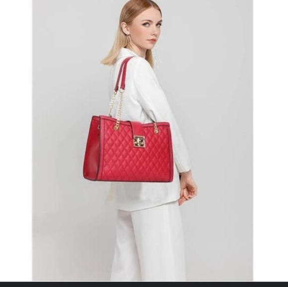 Large Vegan Leather Red Handbag Quilted Pattern Shoulder Satchel Hand Bag Purse - Picture 1 of 10